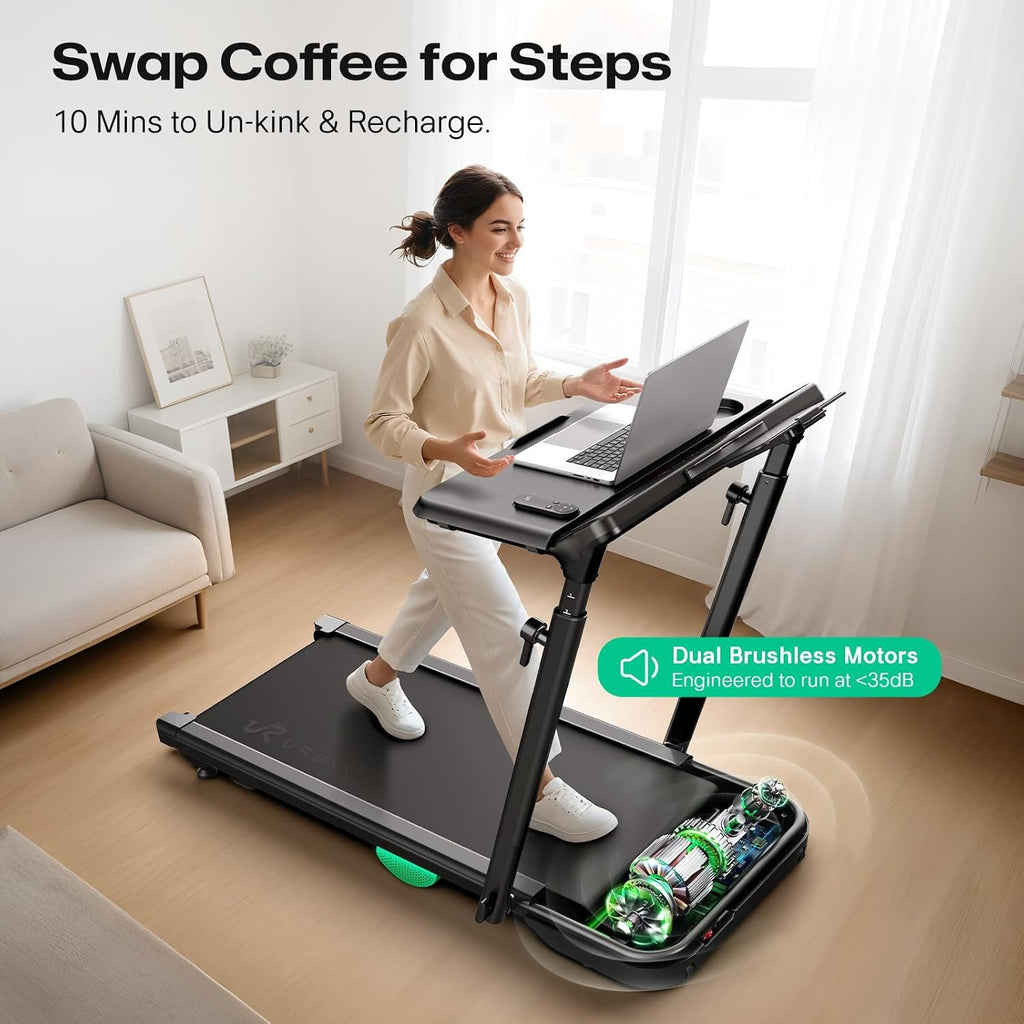 UREVO Foldable Treadmill with Adjustable Laptop Desk, 12% Auto Incline