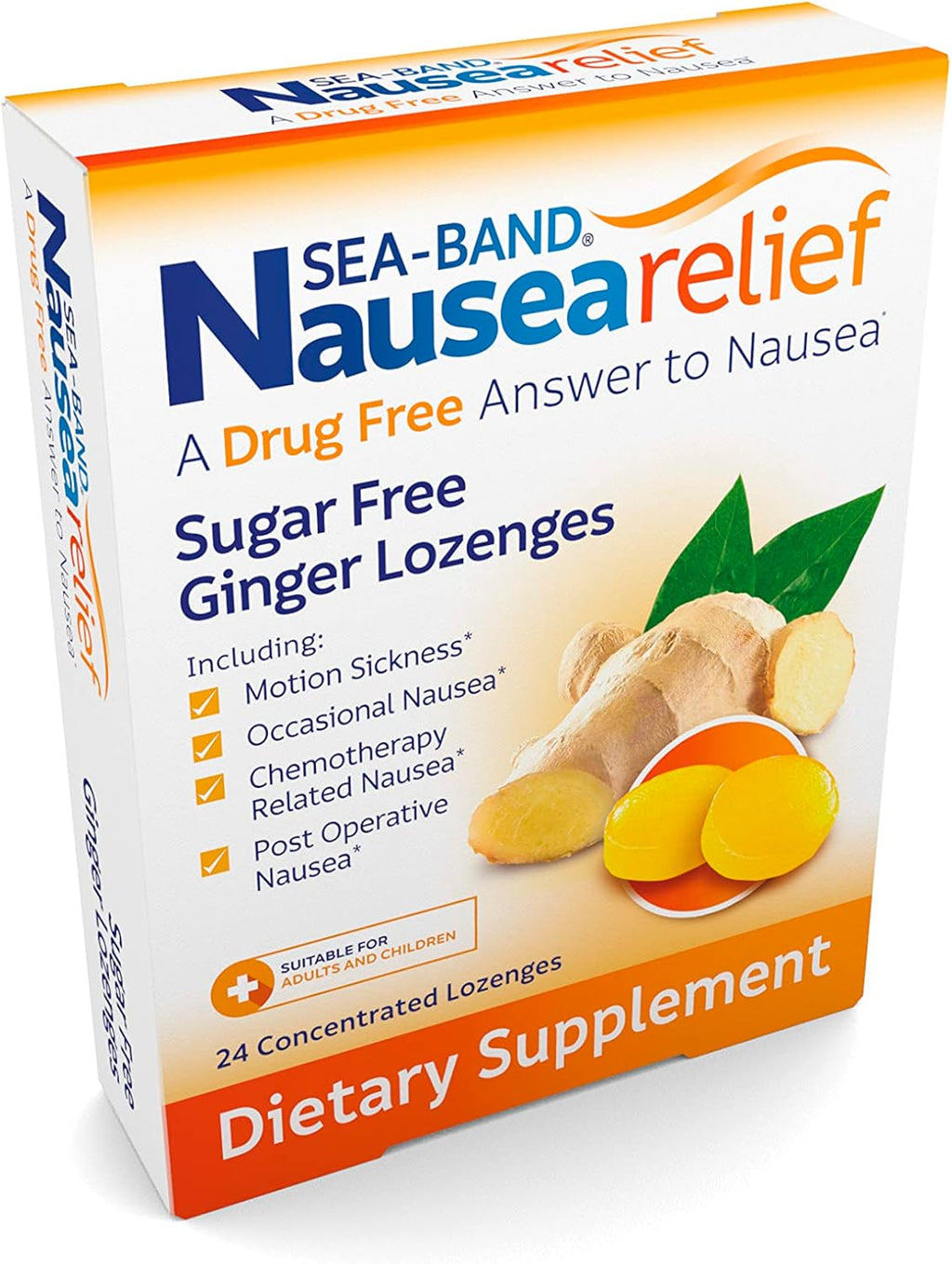 Sea-Band Sugar Free Ginger Travel Lozenges for Motion Sickness 24 Pieces | Morning sickness relief, drug free, HSA/FSA approved, 24 lozenges, sugar free