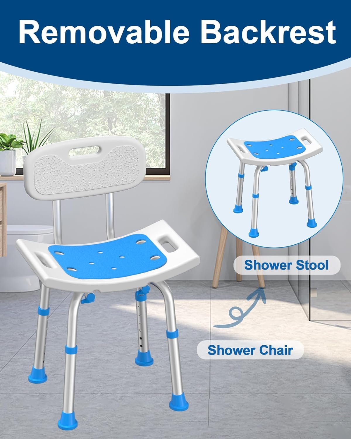 HOMLAND Shower Chair for Inside Shower with Removable Back, Aluminum Frame | Height Adjustable, Heavy Duty Bath Seat for Bathtub, Lightweight Safety Shower Stool for Seniors and Disabled