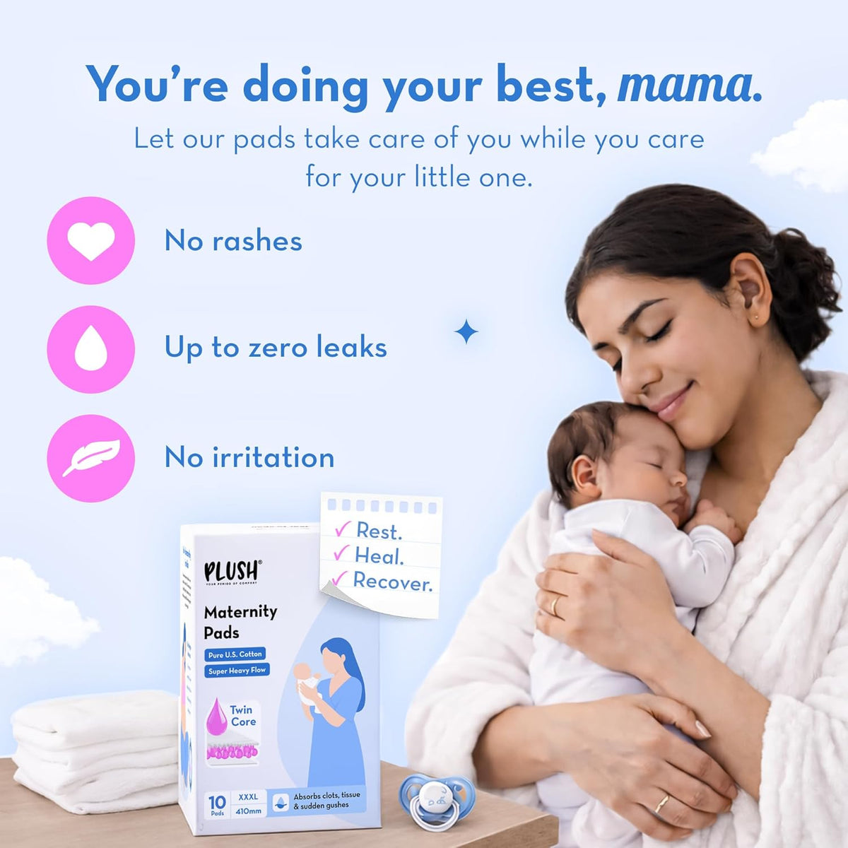 Plush Maternity Pads after Delivery, 10 Pcs (410 mm) | Twin Core Absorption XXXL Pads | For Postpartum Bleeding, Absorbs Heavy Gushes & Clots | U.S. Cotton Softness | Breathable & Rash-Free | Safe for Healing Skin