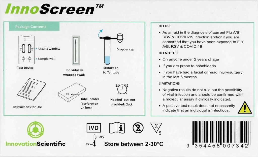 Flu A/B, RSV & COVID-19 - Made in Australia - Antigen Combo Test Device, Nasal Swab, Self-Test, 5 Tests