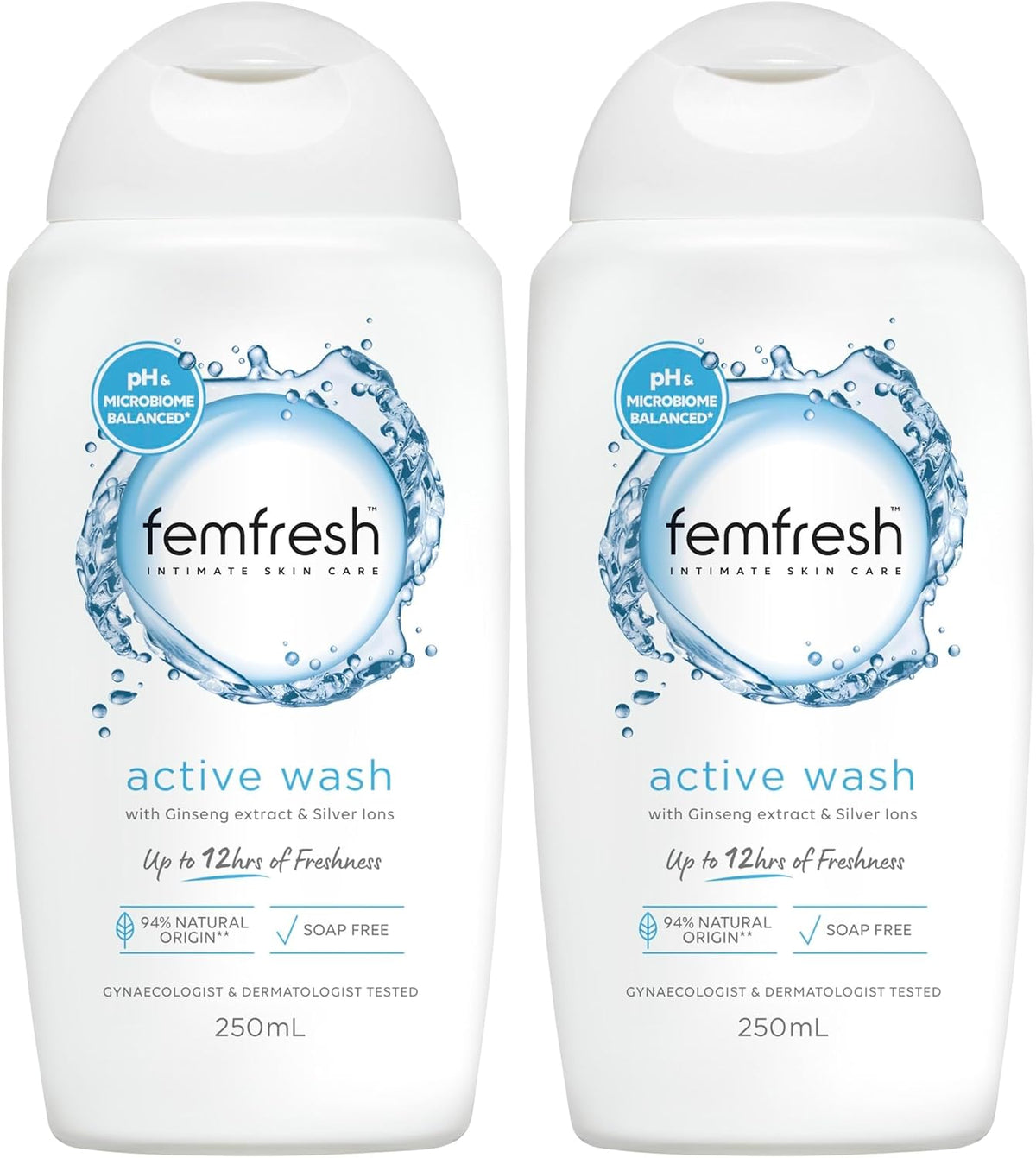 Femfresh Active Intimate Wash 250ml - With Ginseng Extract & Silver-Ion Technology, pH & Microbiome Balanced, 94% Natural Origin Ingredients, Hypoallergenic & Soap-Free - Up to 12hrs Freshness