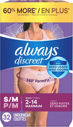 Always Discreet Adult Diapers for Women, Incontinence Underwear, Postpartum Essentials, Disposable Briefs, Max Absorbency, Bladder Leak Protection, Small/Medium, 32ct