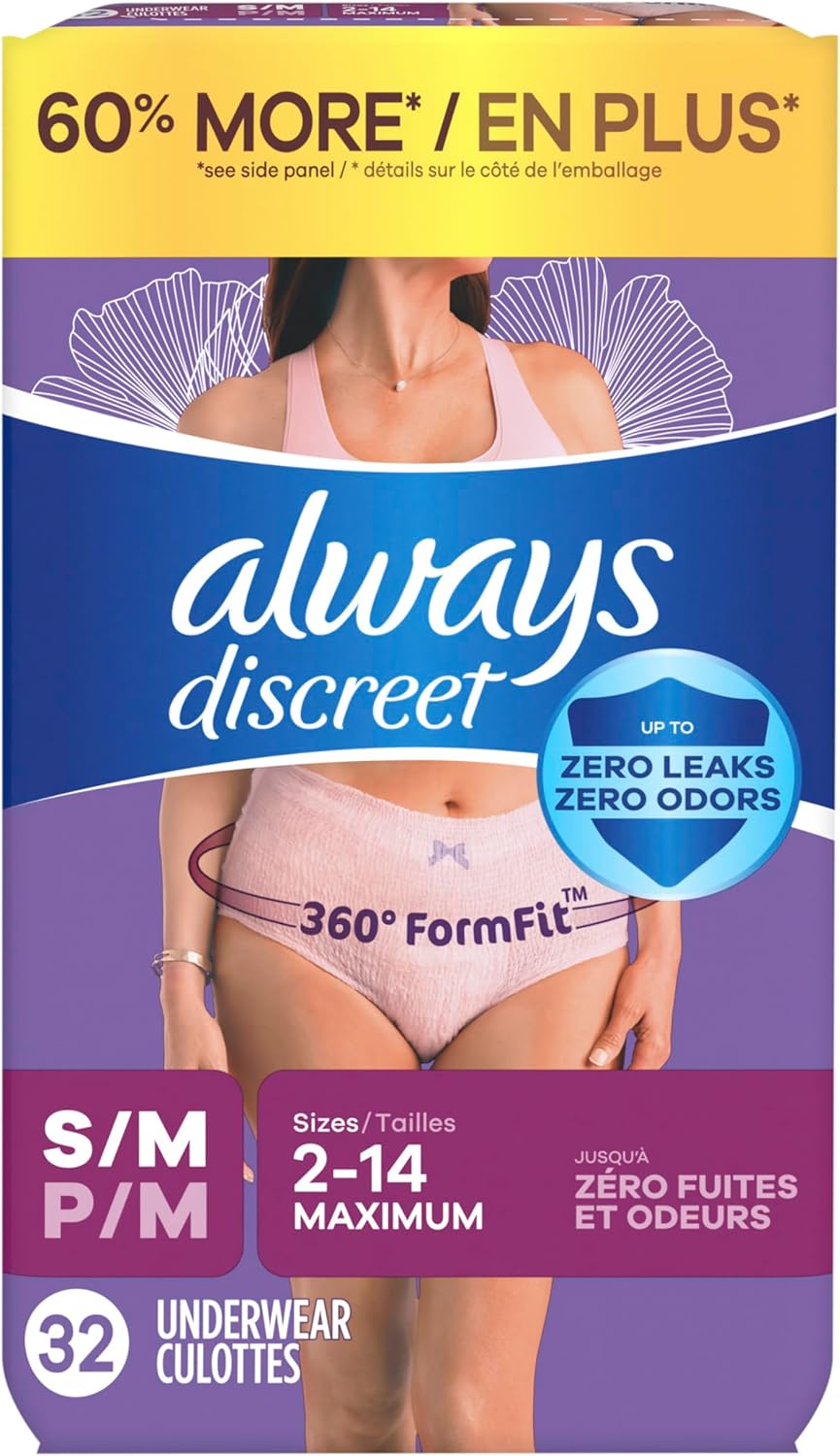 Always Discreet Adult Diapers for Women, Incontinence Underwear, Postpartum Essentials, Disposable Briefs, Max Absorbency, Bladder Leak Protection, Small/Medium, 32ct