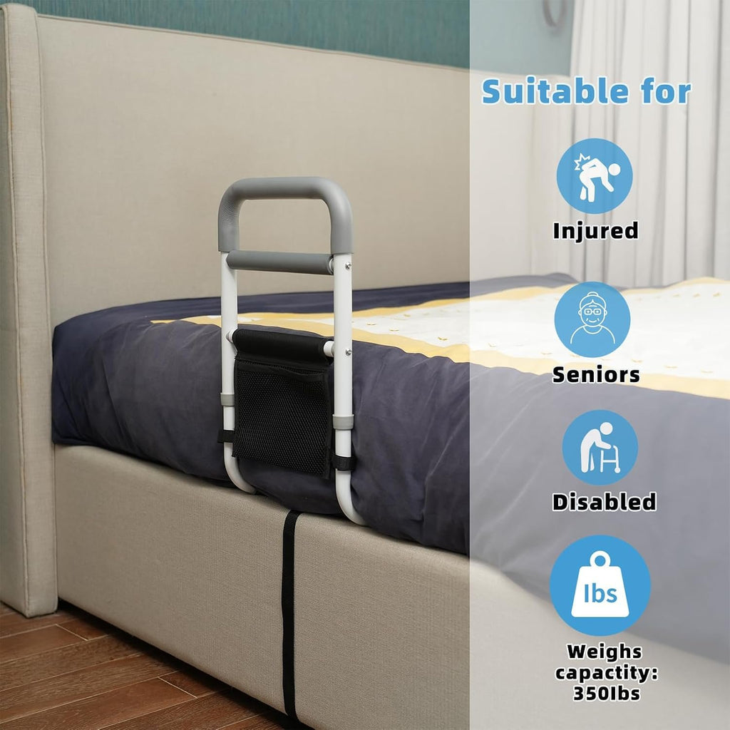 Bed Rails for Elderly Adults Safety, 350LBS Heavy Duty Grab Bar | Bed Assist Rail for Seniors, Non-Slip Bedside Handle, Fall Prevention Cane with Storage Pocket, Fits King/Queen/Full/Twin Bed