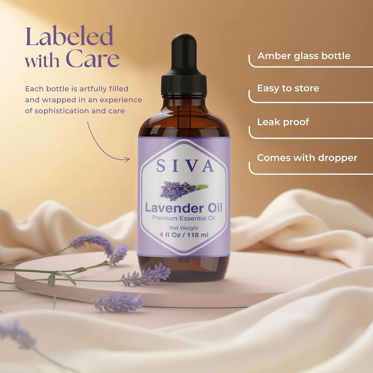 Siva Lavender Essential Oil, Glass Bottle with Dropper, 4 Fl Oz (118 ml) | Lavender Oil for Diffuser, Humidifier, Linen Spray, Skin Care, Hair Care, Body Massage, Soap, Candle, Bath Salt & DIY Blends