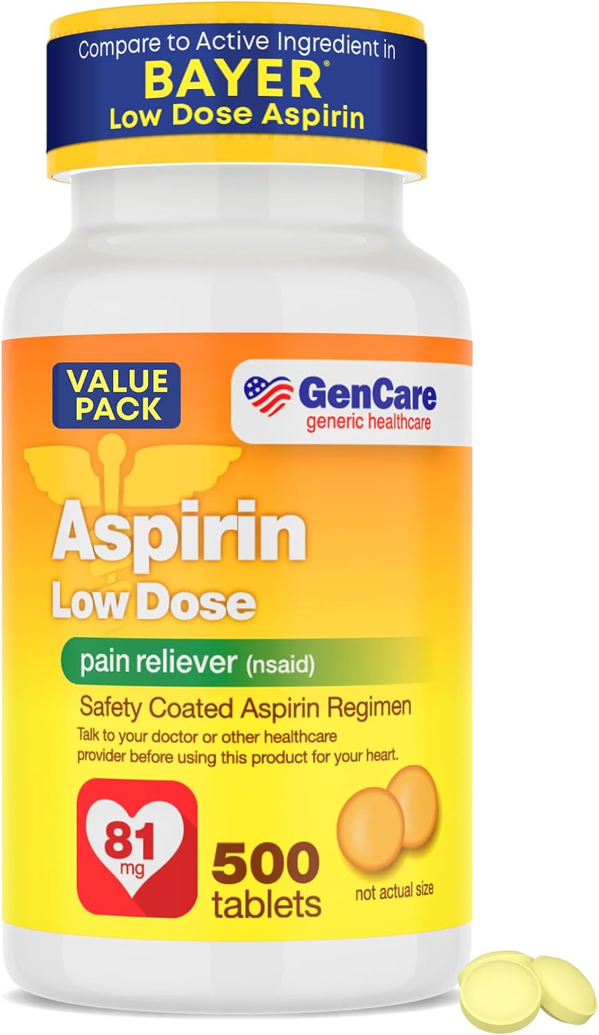 GenCare Low Dose Aspirin 81mg Enteric Coated Tablets, 500 Count | Compares to Bayer; daily low-dose aspirin for heart health, pain & fever relief, baby aspirin