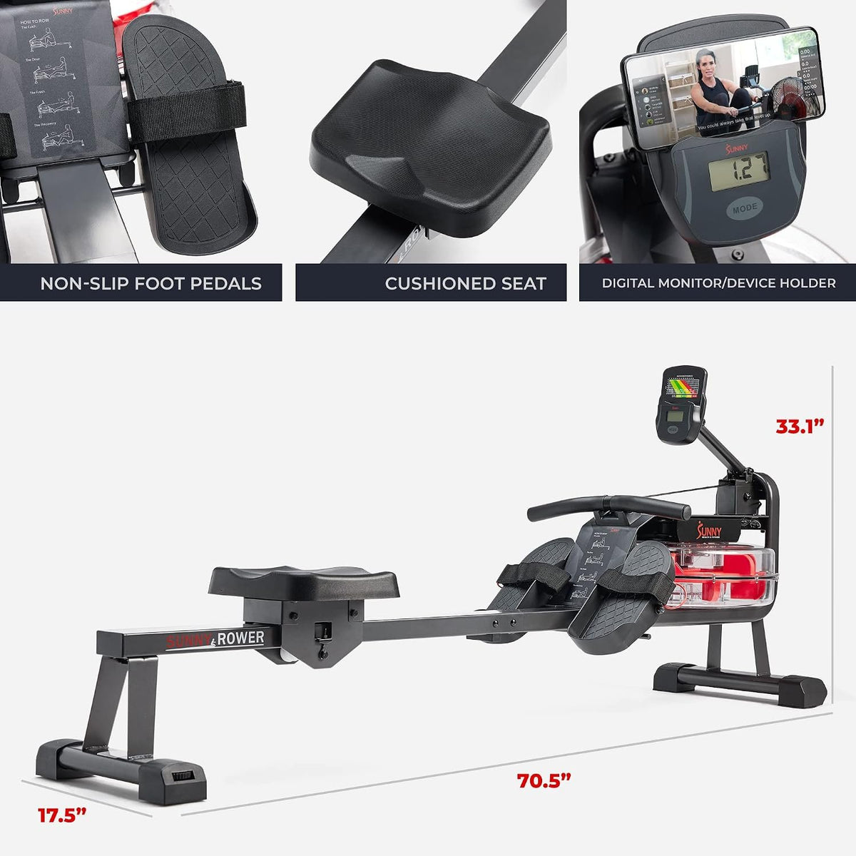 Sunny Health & Fitness Premium Water Rower w/Intensive Dynamic Real-Time Resistance, 300 LB Capacity Flip-able Rowing Machine for Home Training, Optional Free SunnyFit App Connection