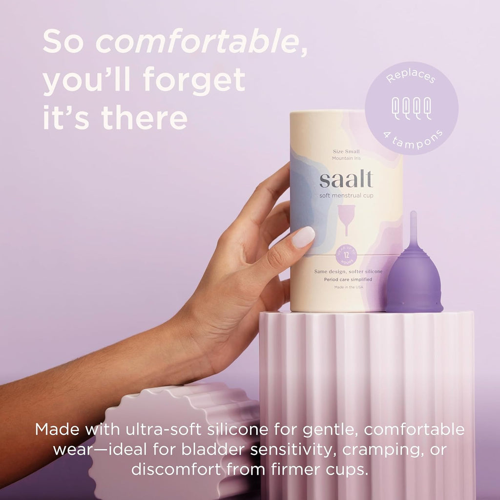 Saalt Soft Menstrual Cup – Reusable Period Cup – Made for Comfortable, Leak-Free Protection Up to 12 Hours – BPA & Latex Free – Includes Cup & Carry Bag (Regular, Mountain Iris)