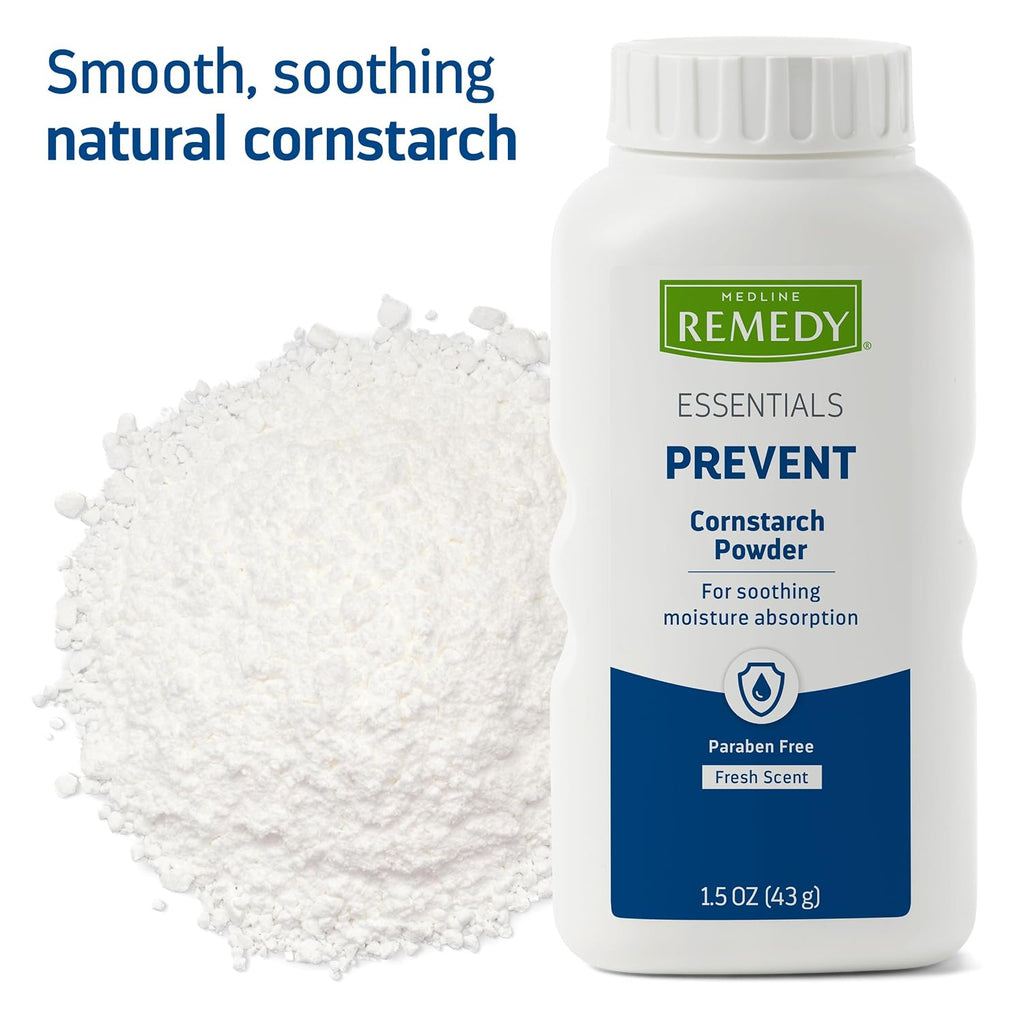 Medline Remedy Essentials Cornstarch Powder (1.5 oz Bottle), Fresh Scent, Talc Free, Travel Size, Skin Care, Absorbs Sweat, Soothes, Reduces Friction & Chafing, for Adults, Feet, Groin