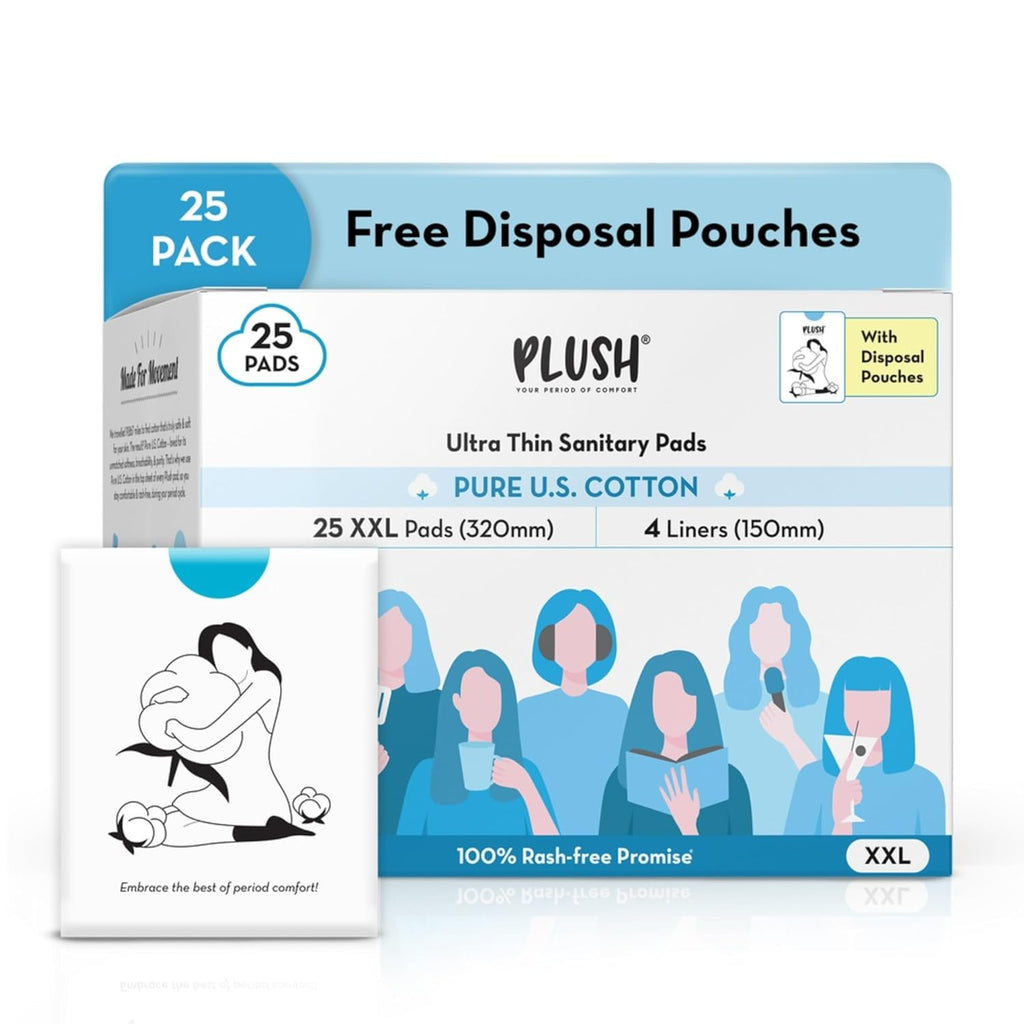 Plush Ultra-Thin Sanitary Napkins for Women, 25 Pcs | Super Absorbent Heavy Flow XXL Pads + 4 Panty Liners | 100% Rash-Free | Pure U.S. Cotton XXL Sanitary Pads with Free Disposable Pouches | No Fragrance | No Toxic-Chemicals