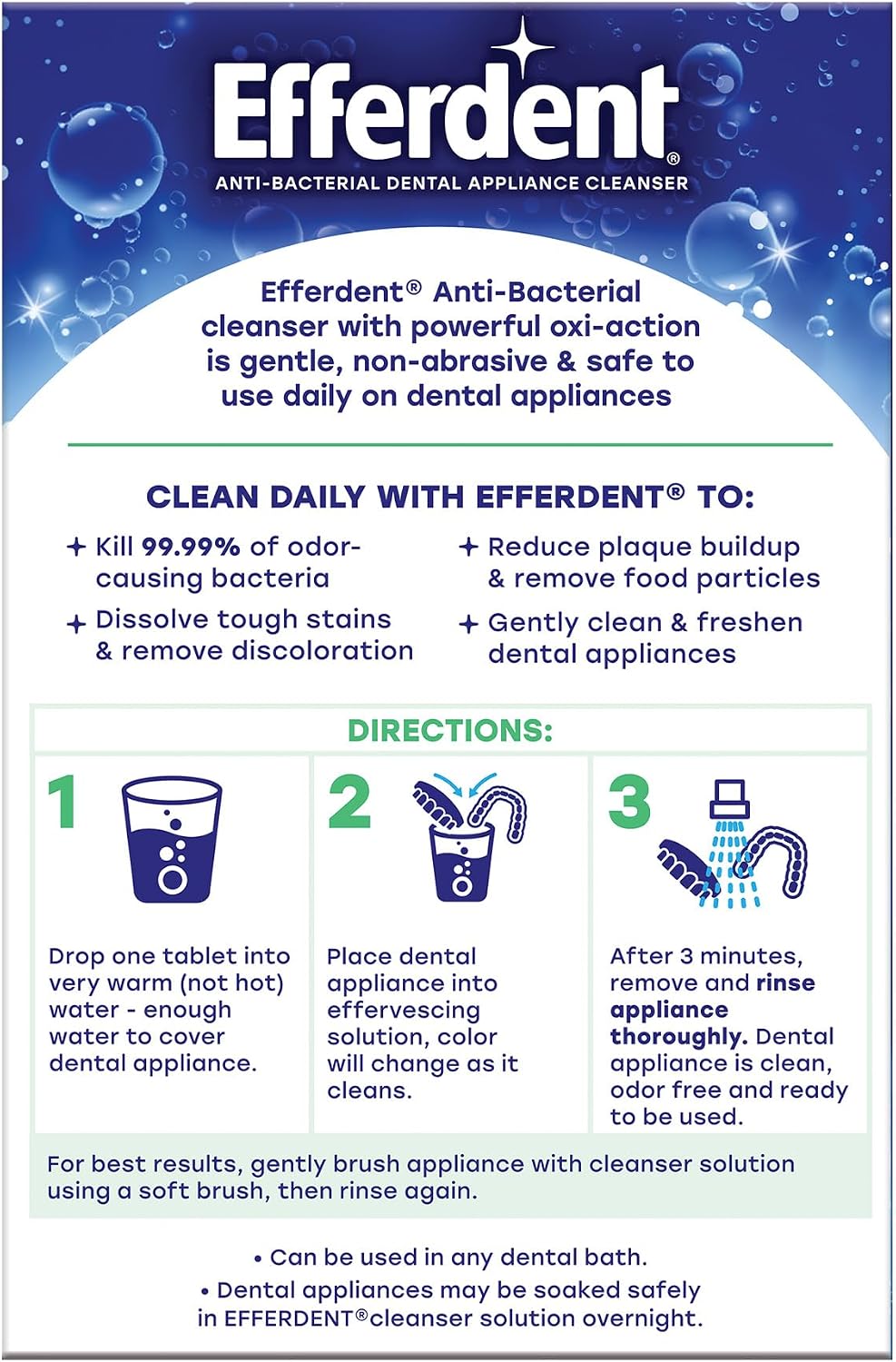 Efferdent Denture Cleaner Tablets, Minty Fresh & Clean, 126 Count | Retainer Cleaner, Use Daily To Clean Dental Appliances, Full Plate Dentures, Aligners & Mouth Guards