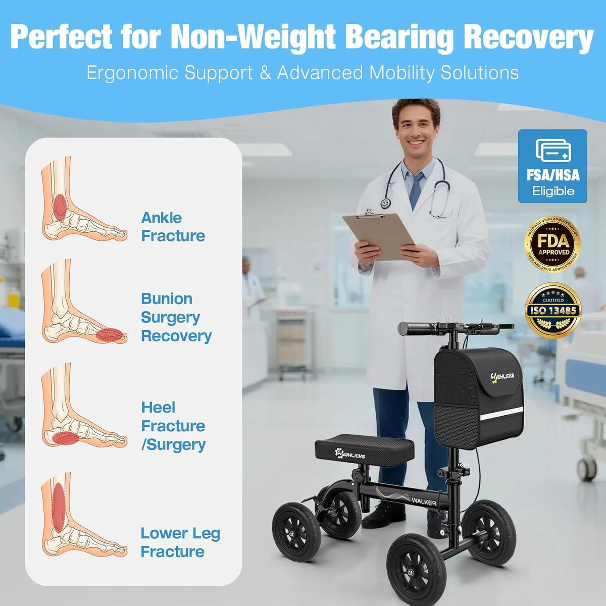 WHLICKS Foldable All Terrain Knee Scooter for Adults for Foot Injuries | Steerable Knee Walker with PU Wheels, Medical Knee Scooter for Broken Foot Injured, Lightweight Leg Scooter for Broken Ankle