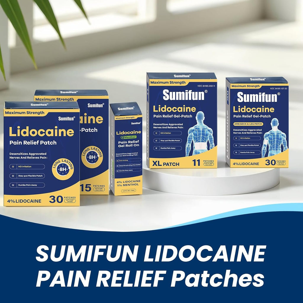Sumifun 4% Lidocaine XL Pain Patches 18 Counts | Extra Large 4.72"x7.87" for Full Back & Thigh Coverage, Maximum Strength OTC Numbing, 8-Hour Medical Adhesion