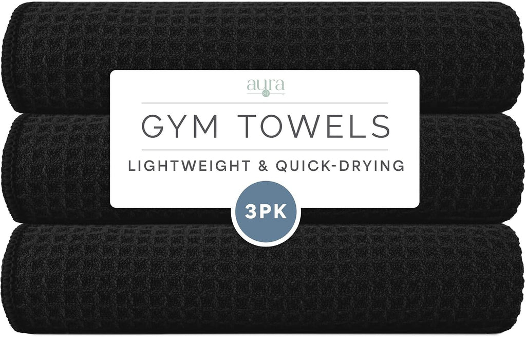 S&T INC. Microfiber Gym Towels, 3 Pack, 16" x 27", Honeycomb Black