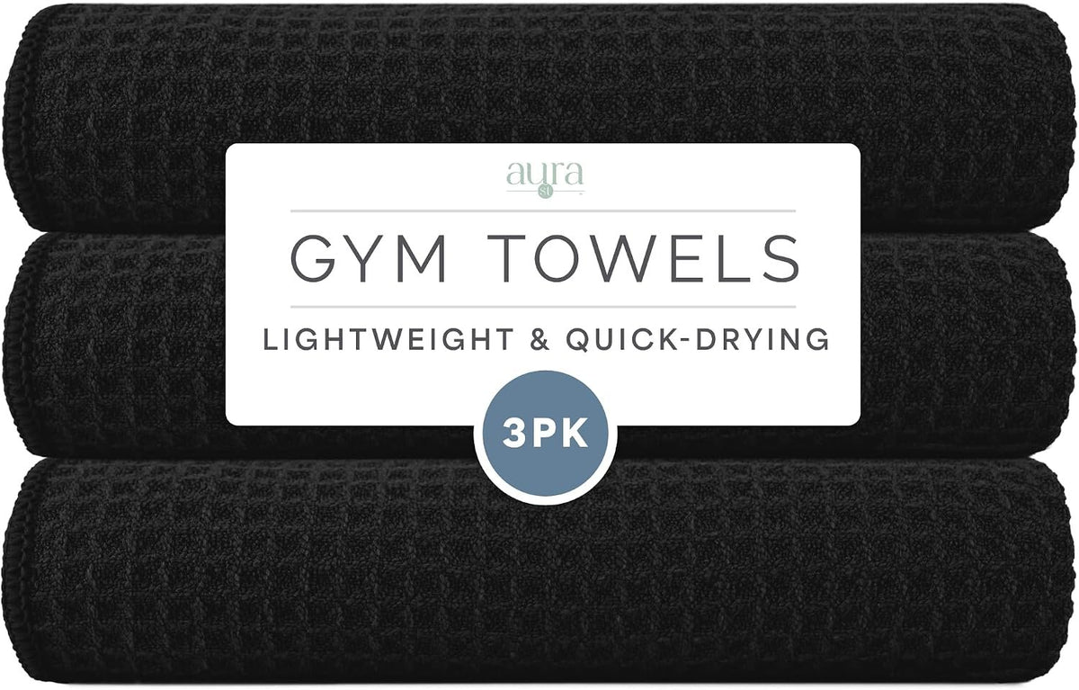 S&T INC. Microfiber Gym Towels, 3 Pack, 16" x 27", Honeycomb Black