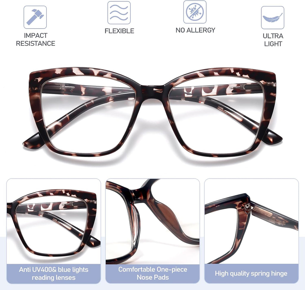 Reading Glasses for Women, 1.50 Fashion Oversized Blue Light Readers | TR90 Lightweight Cat Eye Frames Spring Hinge Eye Glasses with Blue light Protection for All Day Comfort wear & Anti Eyestrain