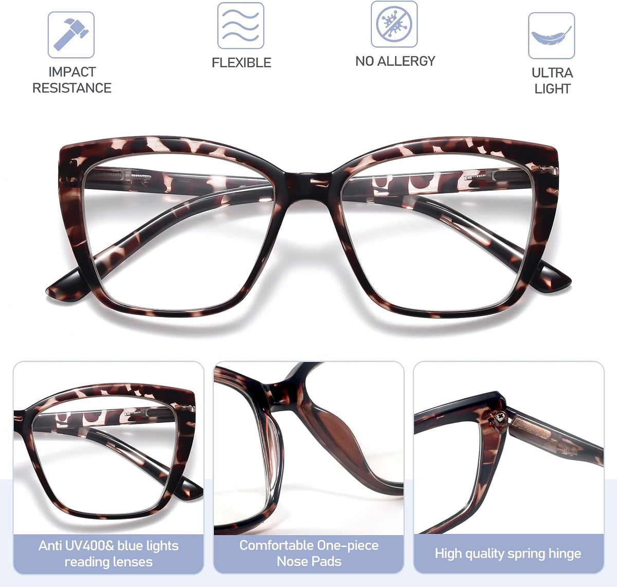Reading Glasses for Women, 1.50 Fashion Oversized Blue Light Readers | TR90 Lightweight Cat Eye Frames Spring Hinge Eye Glasses with Blue light Protection for All Day Comfort wear & Anti Eyestrain