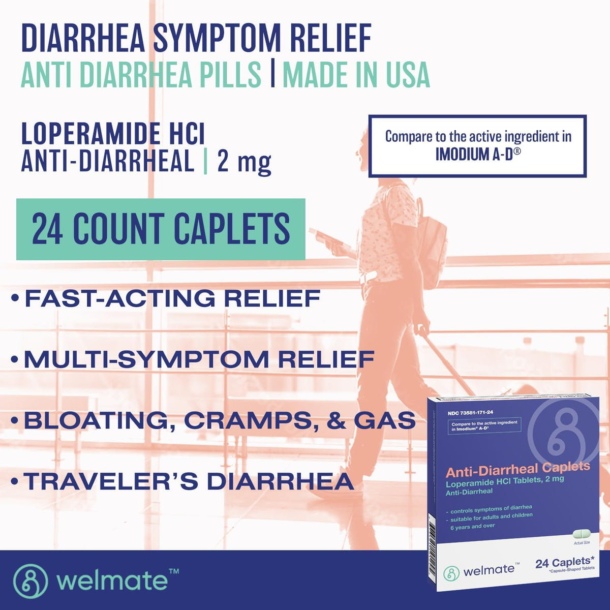 WELMATE Loperamide HCl 2 mg Anti Diarrhea Pills, 24 Caplets - Fast-Acting Diarrhea Medicine for Adults, Traveler's Stomach Relief, Easy to Swallow Antidiarrheal Medication