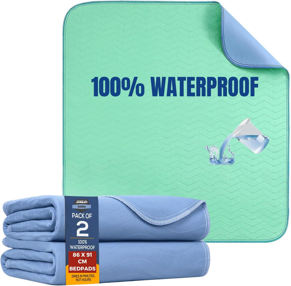 Washable Underpads 86 x 91 CM (2 Pack), JOMWEN Heavy Absorbency Reusable Incontinence Bed Pads for Adults, Kids, Elderly and Pets, Absorbent Protective Pads for Bed, Couch, Floor (Blue, 34" x 36")