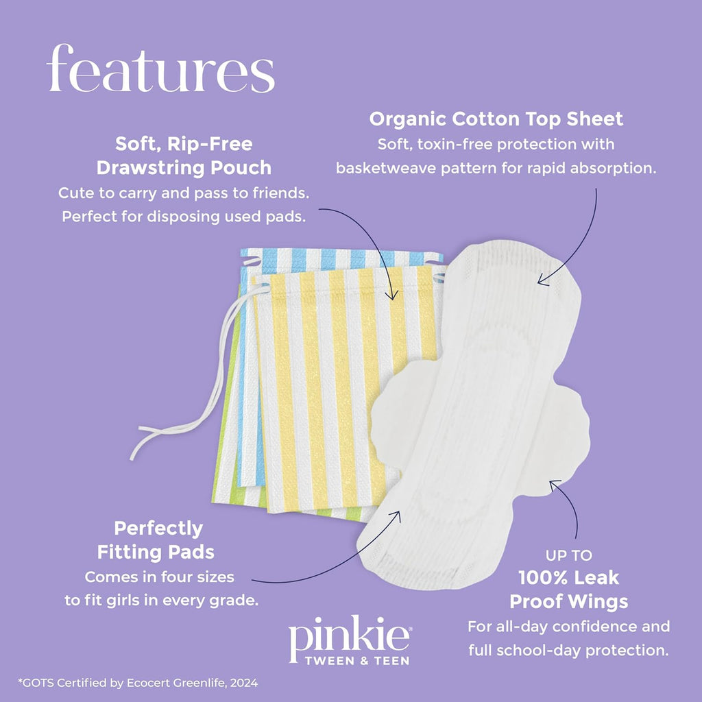 Pinkie Organic Cotton Period Pads for Tweens & Teens - Heavy Flow, 18 Count Combo Pack
