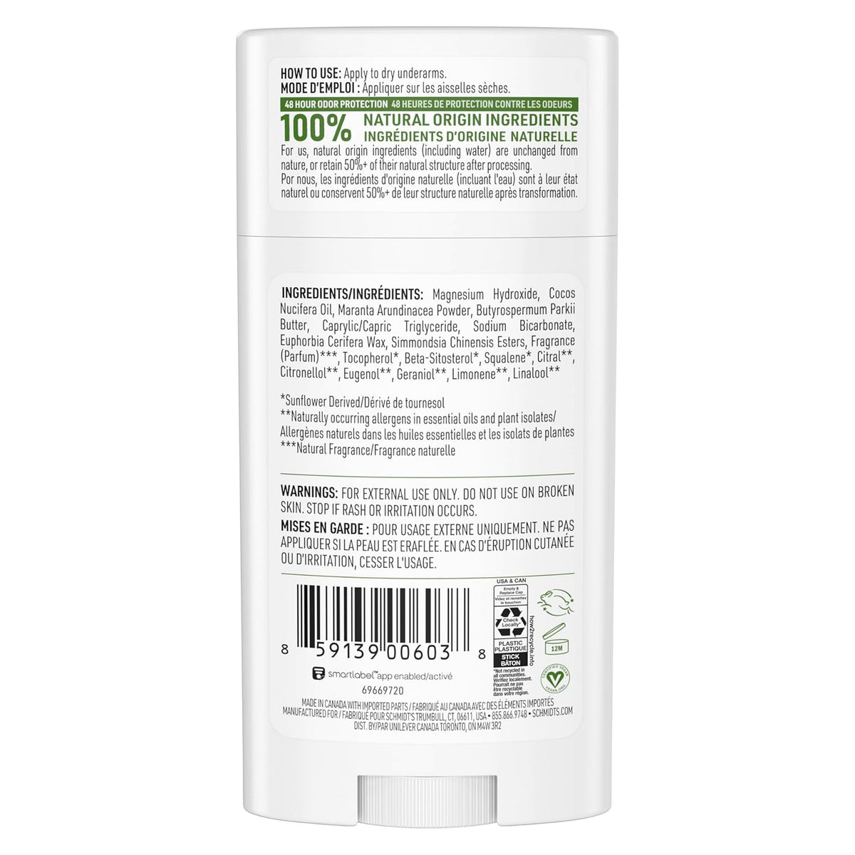 Schmidt's Aluminum-Free Vegan Deodorant Bergamot & Lime for Women and Men, with 24 Hour Odor Protection, Natural Ingredients, Cruelty-Free, 2.65 oz