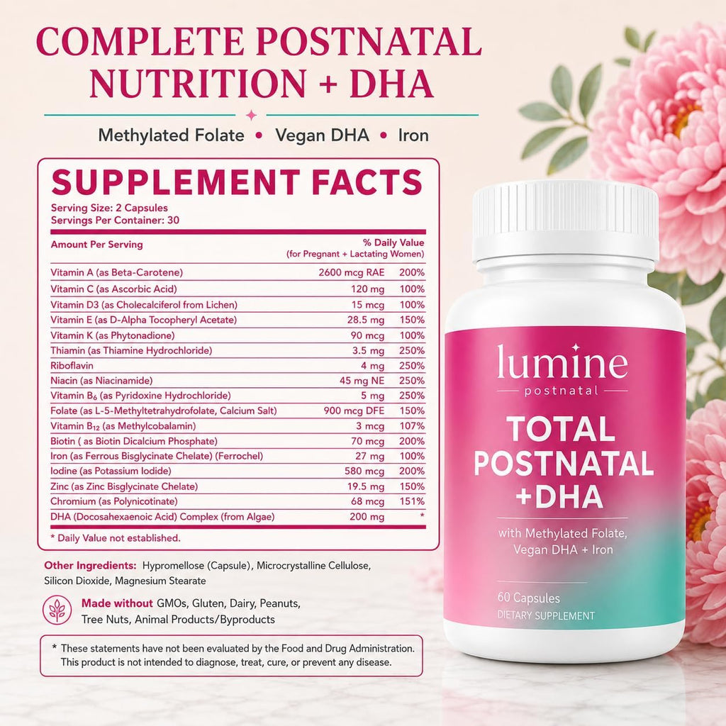 LUMINE Organics Postnatal Vitamins for Women 60 Capsules | Postnatal Nutrition with 20 Essential Nutrients, 200 mg Plant-Based DHA, Methylated Folate, Iron and Biotin for New Moms