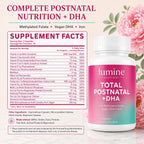 LUMINE Organics Postnatal Vitamins for Women 60 Capsules | Postnatal Nutrition with 20 Essential Nutrients, 200 mg Plant-Based DHA, Methylated Folate, Iron and Biotin for New Moms