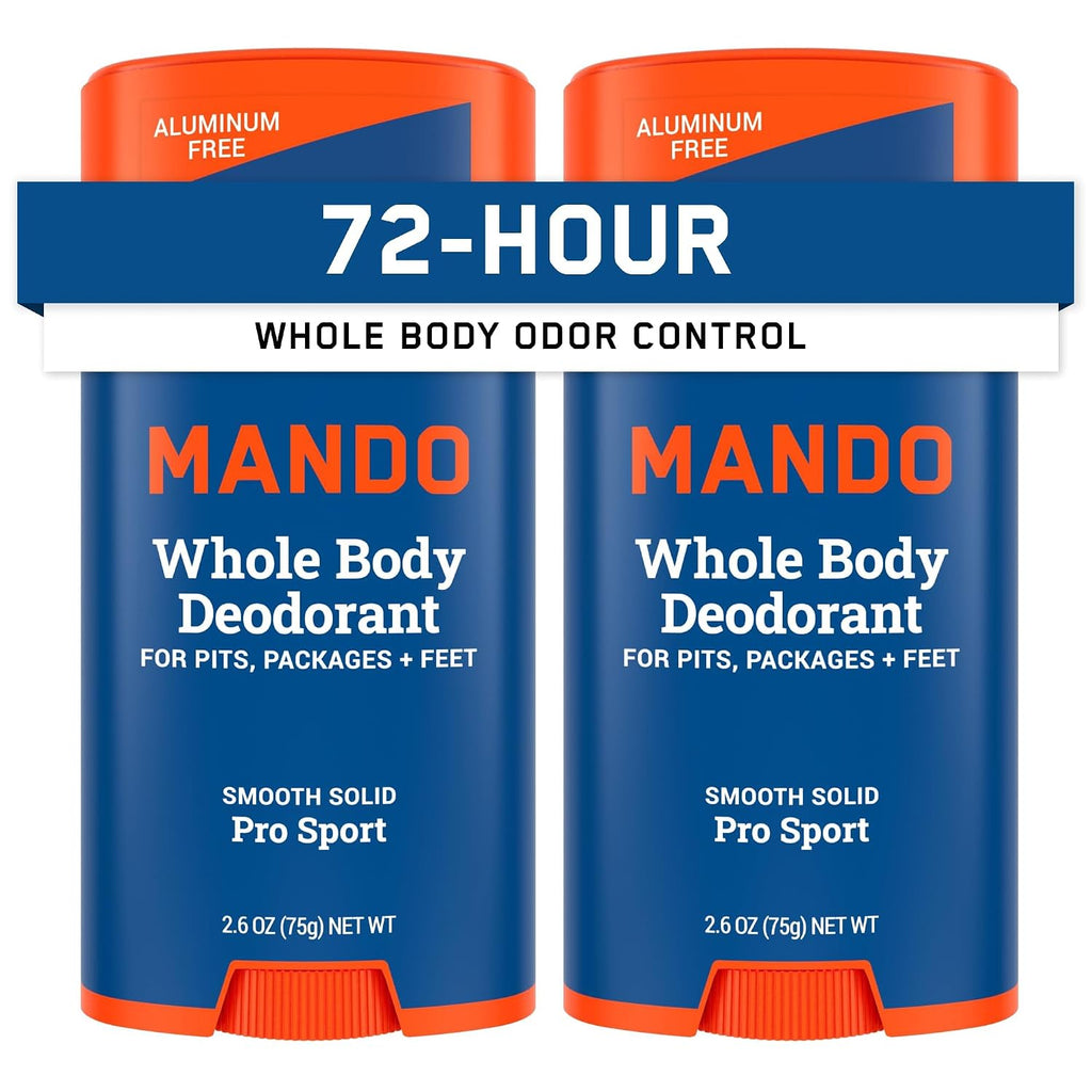 Mando Whole Body Deodorant For Men - Solid Stick - 2.6 oz, 2 pk - Pro Sport | 72 Hour Odor Control with Mandelic Acid. Use on underarms, chest, feet & below the best. Aluminum Free & Baking Soda Free