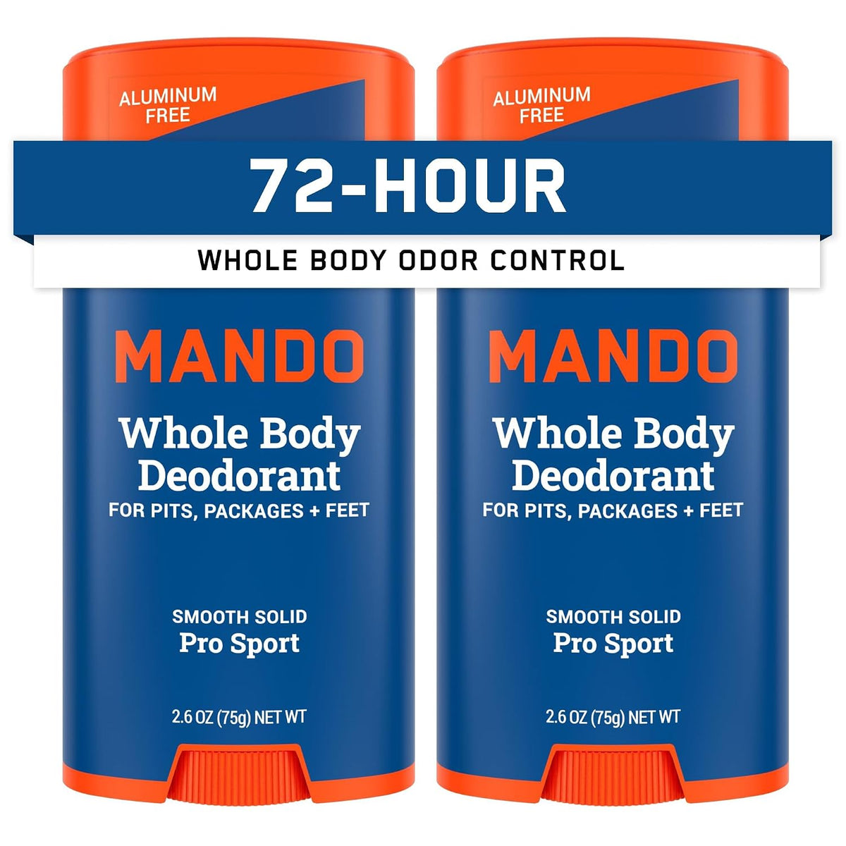 Mando Whole Body Deodorant For Men - Solid Stick - 2.6 oz, 2 pk - Pro Sport | 72 Hour Odor Control with Mandelic Acid. Use on underarms, chest, feet & below the best. Aluminum Free & Baking Soda Free