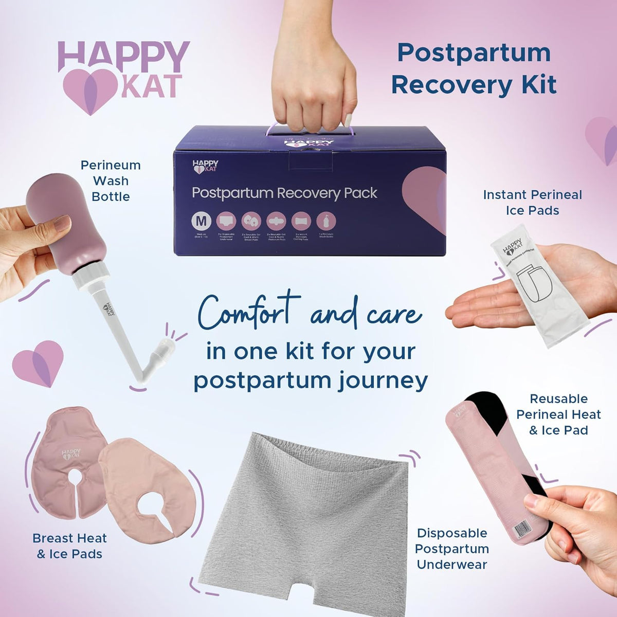 Postpartum Recovery Pack, Disposable Underwear, Perineum Wash Bottle, Gel Breast & Perineum Pads, Instant Cooling Pads, Comfort & Relief for New Mums, LARGE