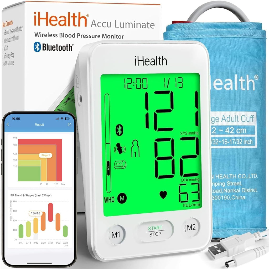 iHealth Accu Bluetooth Upper Arm Blood Pressure Monitor for Home Use | Smart BP monitor with 8.7-16.5 in BP Cuff for large arms, easy-to-read LCD, 2-user memory, Body & Cuff Detection, White