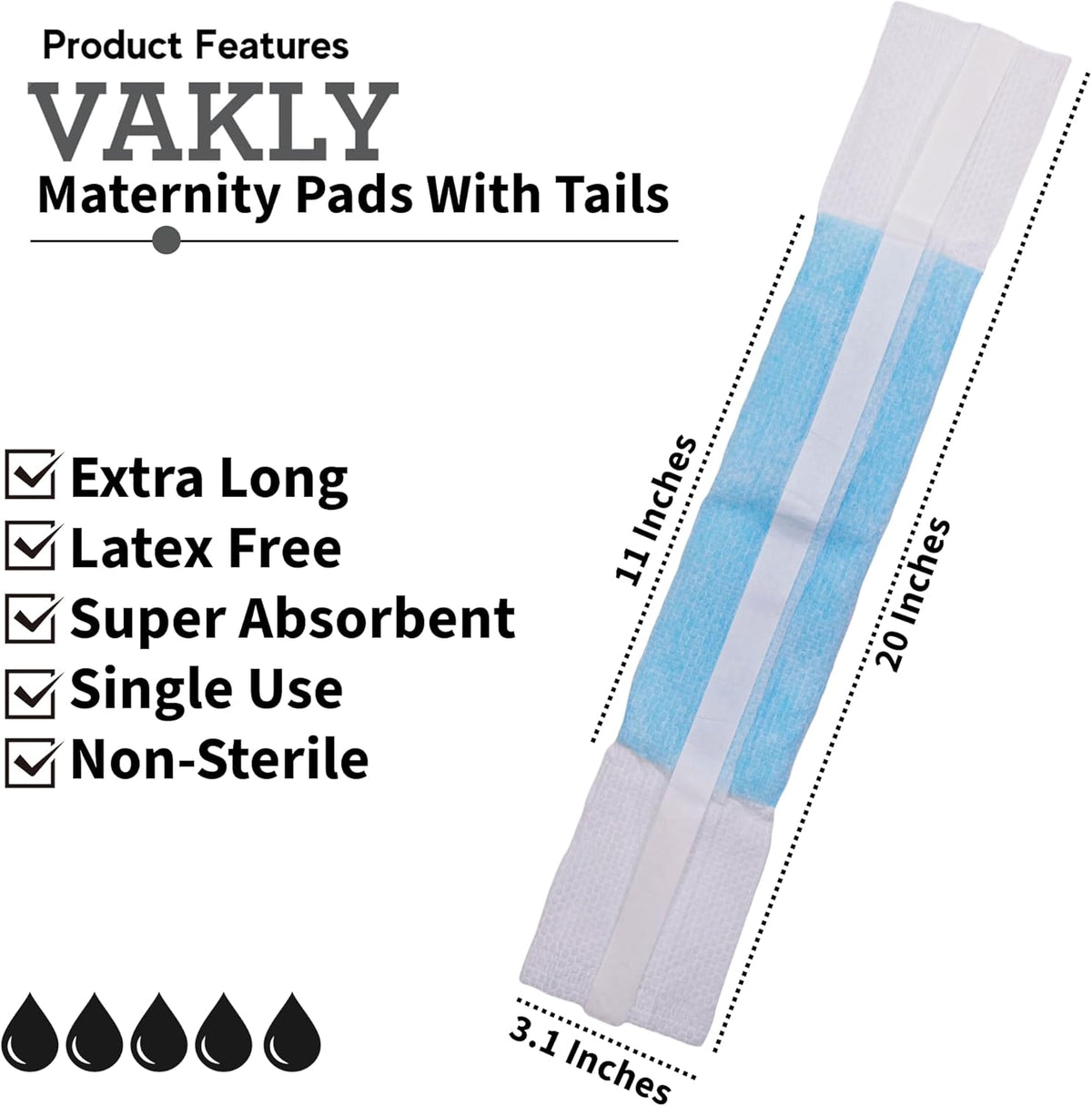 Vakly Postpartum Maternity Pads 3 x 20 in Extra Long (24 Pack) – Maximum Absorbency Heavy Flow Postpartum & Incontinence Pads with Tails, Ultra Soft Disposable Pads for New Moms