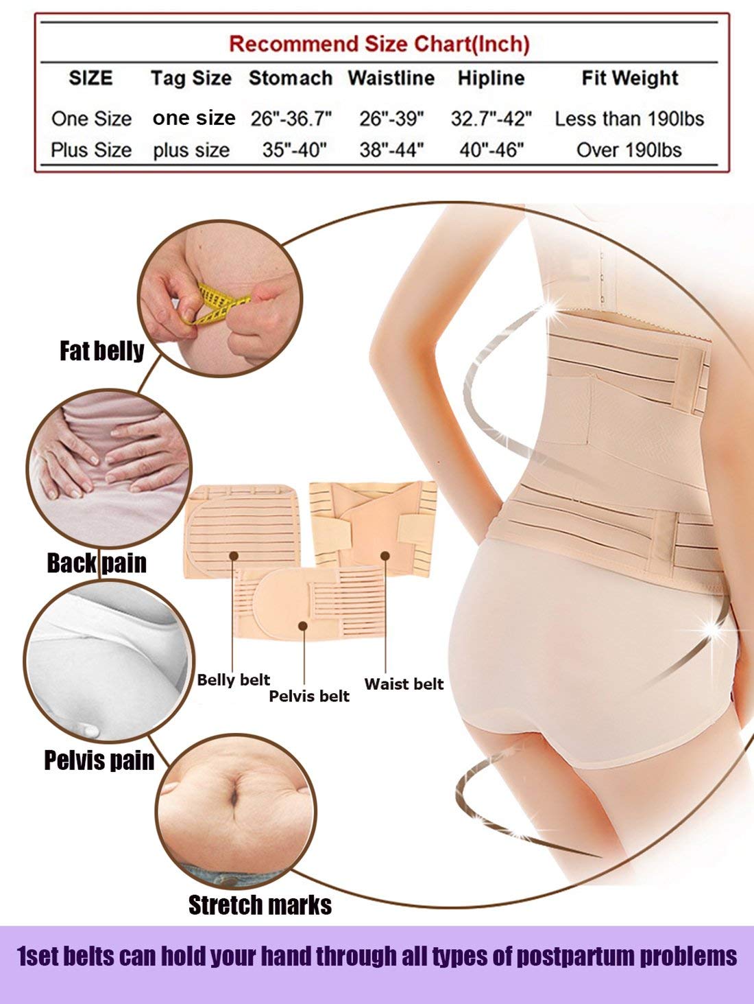 Postpartum Belly Wrap 3 In 1 Post Partum Support Girdles C-Section Recovery Belly Waist pelvis Wrap Postnatal Trainer Belt (One Size, Nude)