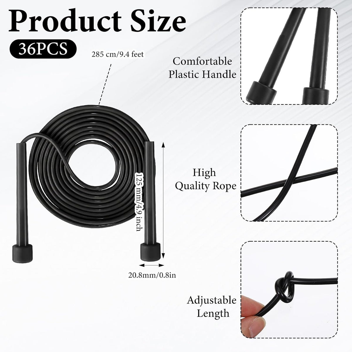 36PCS Adjustable PVC Jump Rope Bulk - 9.4ft Black Jump Ropes for Cardio Fitness, Workout, Training - Tangle-Free Plastic Jumping Rope Bulk for Men & Women