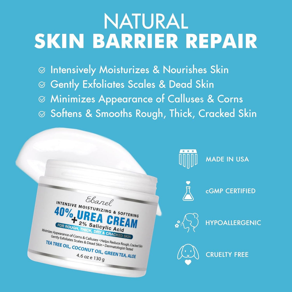 Ebanel Urea Cream 40% plus Salicylic Acid 2% for Dry Cracked Feet Skin, 2PK | Deeply Moisturizes & Softens Dry Cracked Heels, Feet, Knees, Elbows, Hands, Rough Dead Skin Callus Remover Toenail Softener