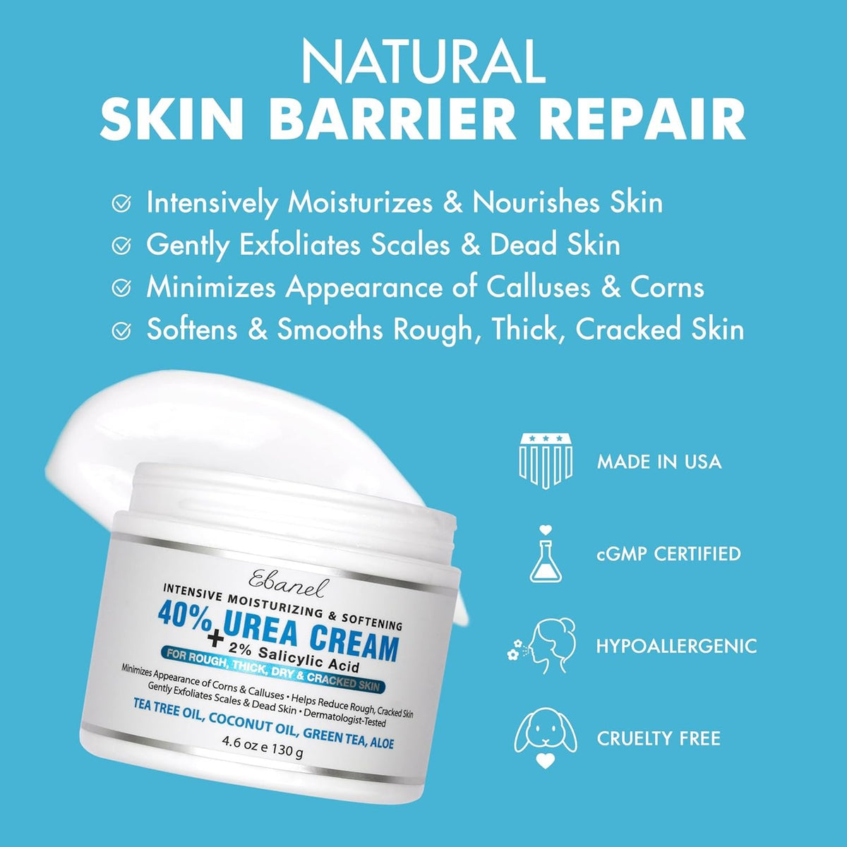 Ebanel Urea Cream 40% plus Salicylic Acid 2% for Dry Cracked Feet Skin, 2PK | Deeply Moisturizes & Softens Dry Cracked Heels, Feet, Knees, Elbows, Hands, Rough Dead Skin Callus Remover Toenail Softener