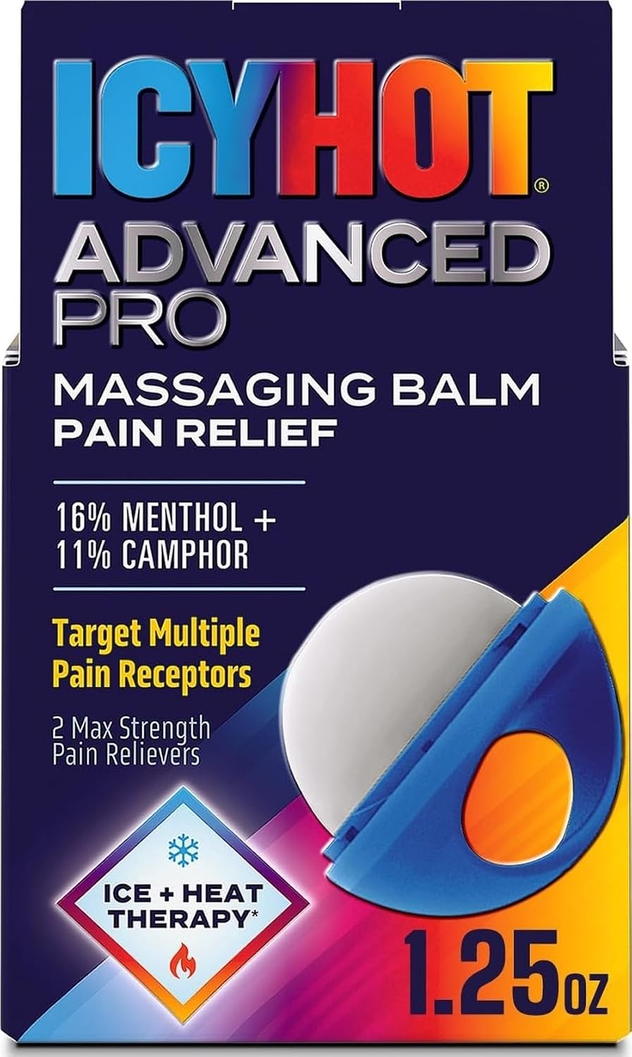 Icy Hot Advanced PRO Pain Relief Massaging Balm, Fast-Acting Max Strength Pain Relief With Menthol 16% and Camphor 11% for Backaches, Joints, Muscle Strains and Arthritis, Essential Oil Scent, 1.25 oz