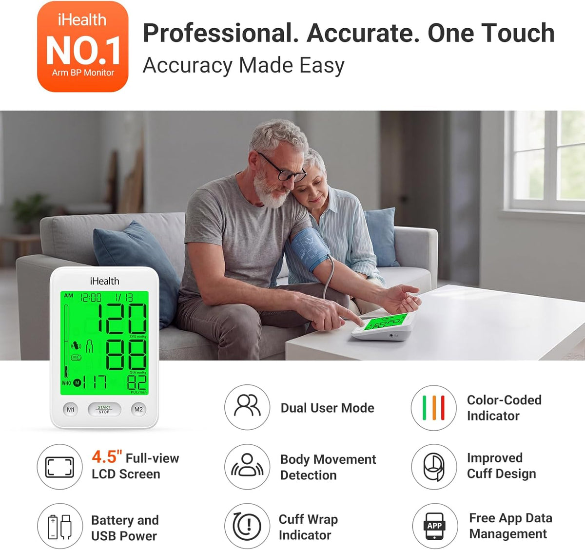 iHealth Accu Bluetooth Upper Arm Blood Pressure Monitor for Home Use | Smart BP monitor with 8.7-16.5 in BP Cuff for large arms, easy-to-read LCD, 2-user memory, Body & Cuff Detection, White