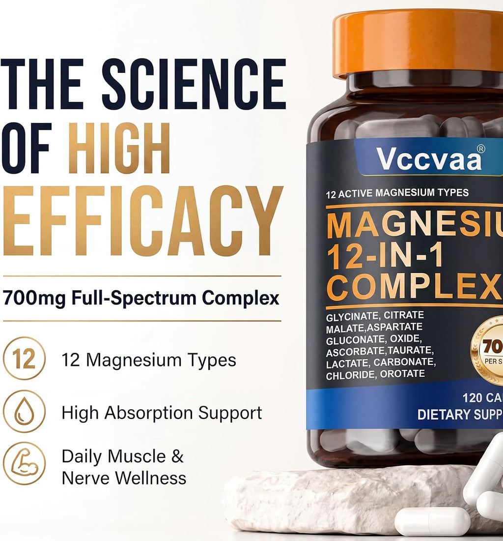 Magnesium Complex 700mg | 12-in-1 High Absorption Supplement | Glycinate, Citrate, Malate, Taurate & More | Sleep Support, Muscle Cramp Relief, Stress, Heart & Nerve Health | 120 Vegan Capsules