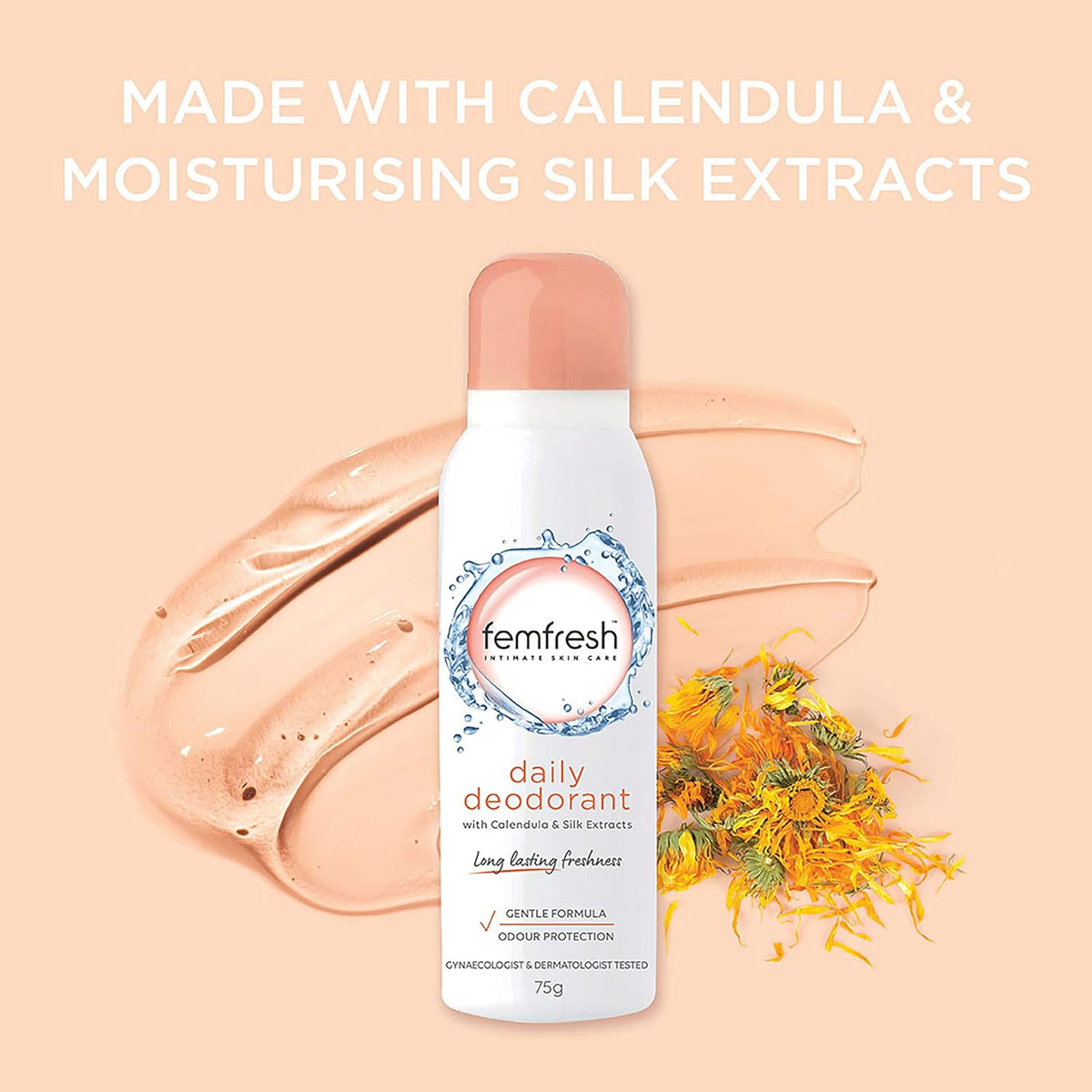 Femfresh Daily Deodorant 75g, Long-Lasting Freshness and Comfort for Intimate Skin, With Calendula & Silk Extracts, Odour Protection, Dermatologically & Gynaecologically Tested