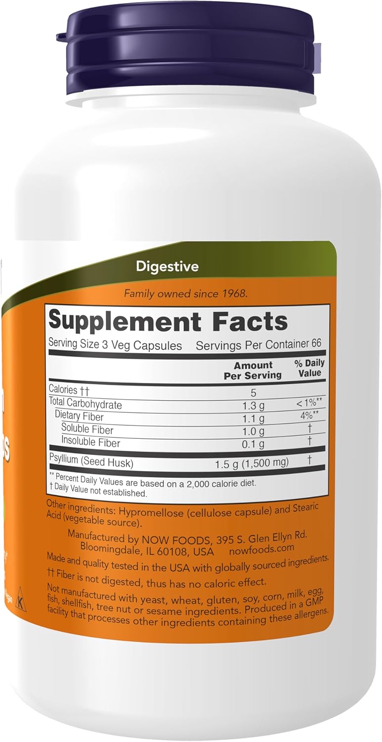 NOW Foods Supplements, Psyllium Husk Caps 500 mg, Non-GMO Project Verified, Natural Soluble Fiber, Intestinal Health*, 200 Veg Capsules