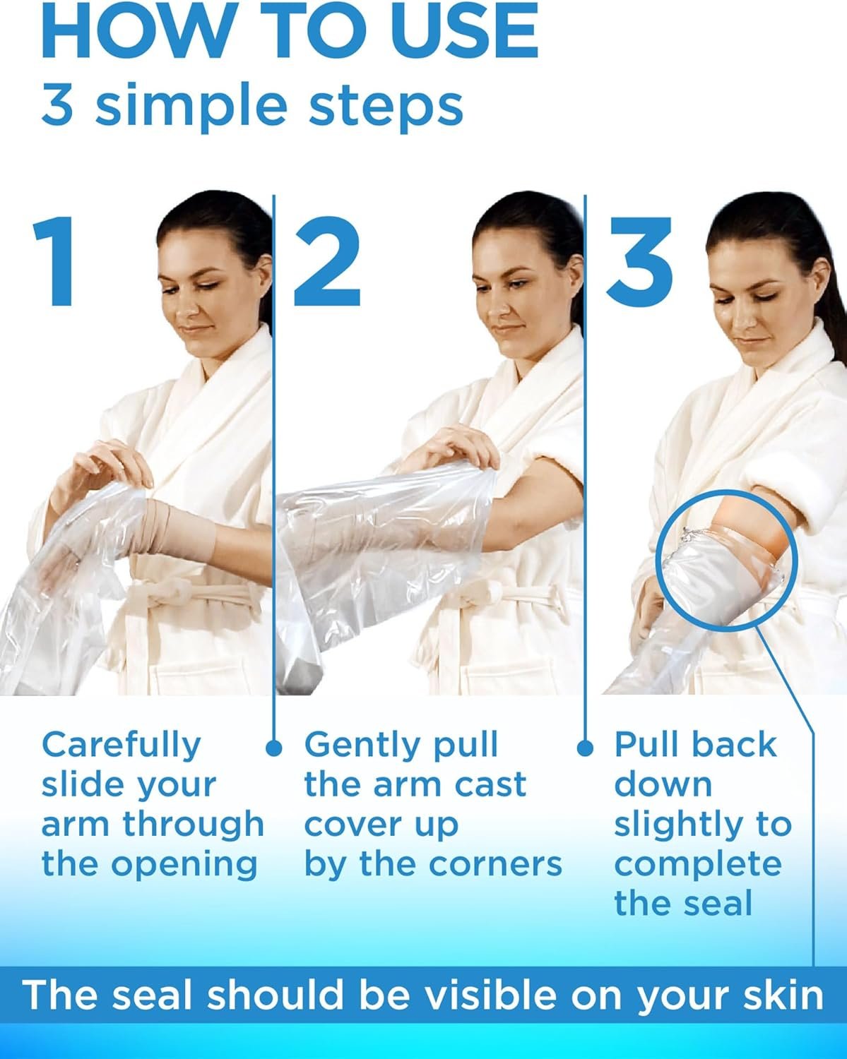100% Waterproof Cast Covers for Shower Arm - 3pk - Tight Seal - Reusable | Adult Half Arm Cast Protectors - Hand, Wrist, Elbow - After Surgery Bandage and Dressing Cast Bag for Wounds and Burns
