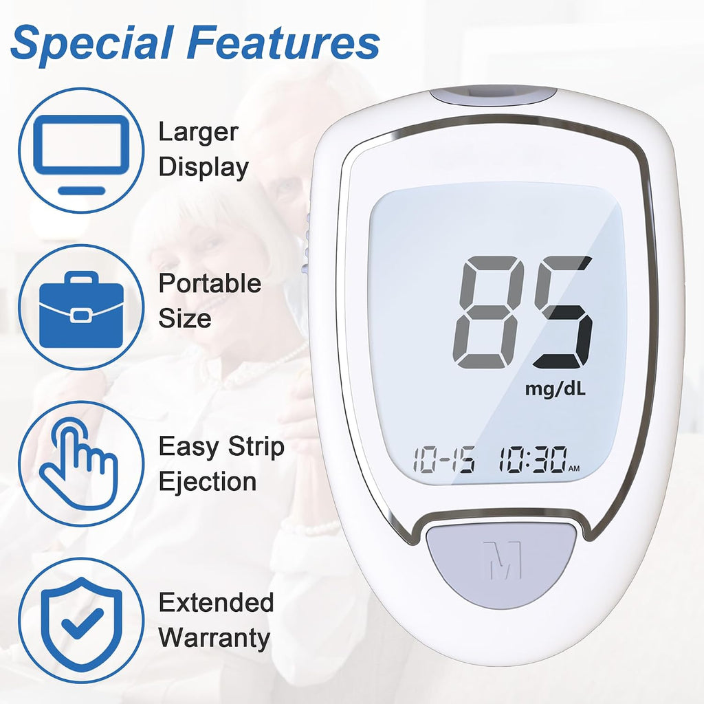 Glucose Monitor Kit, High Accuracy Blood Sugar Testing Kit with 100 Glucometer Strips & 100 Lancets, Larger-Screen Glucose Monitor with Lancing Devices, No Coding, Portable for Home or Travel
