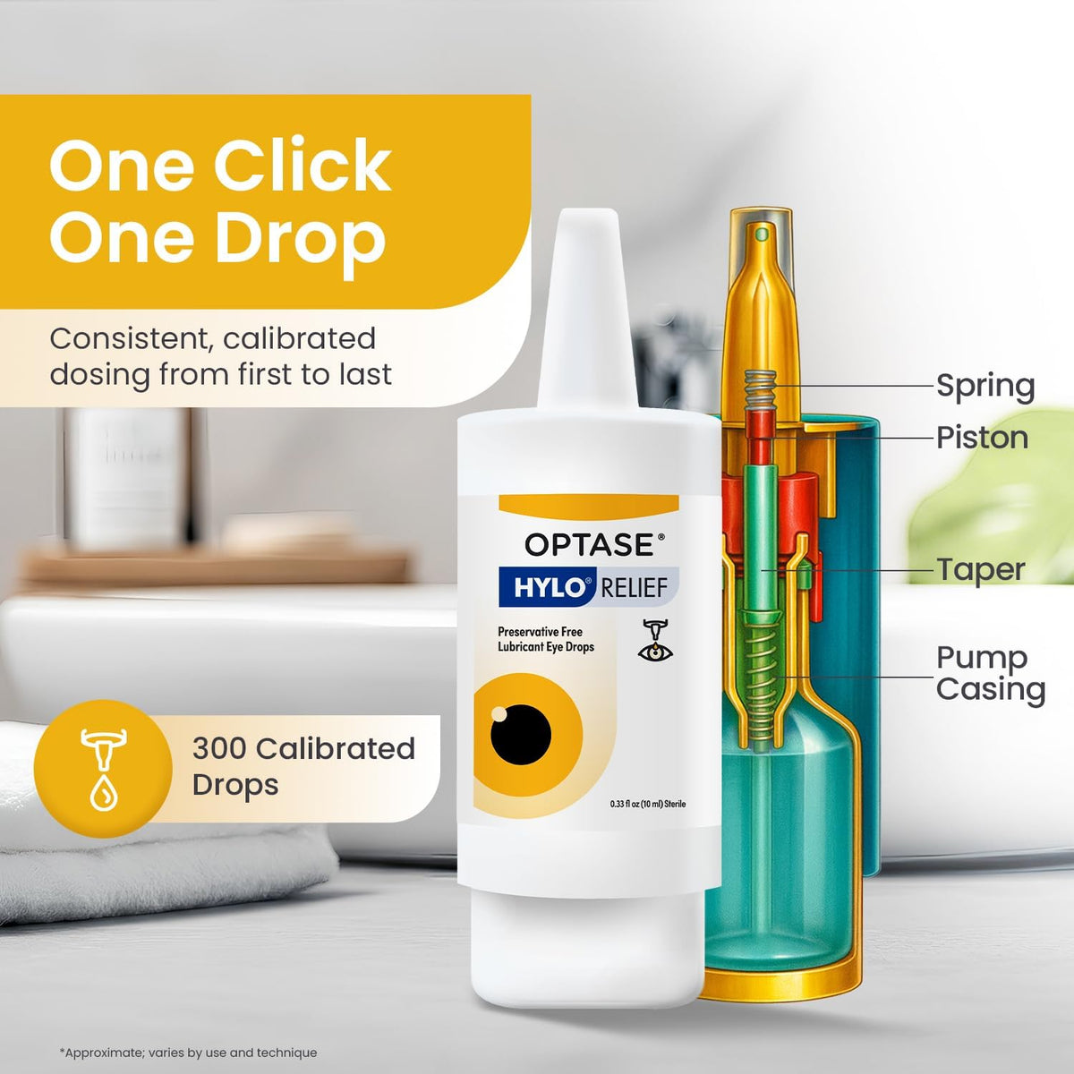 Optase® HYLO® Relief Dry Eye Drops, 0.33 fl oz | Preservative Free Eye Drops for Dry Eyes - One Click, One Drop Lubricant for Dryness - Contact Lens Compatible - 300 Drops