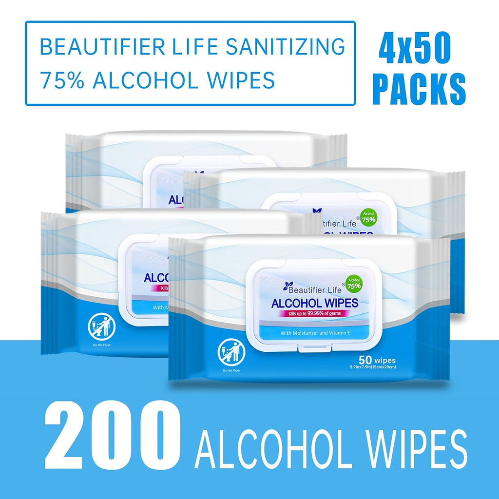 Beautifier Life Wet Wipes - Hand Sanitizer Wipes with Aloe and Vitamin E for Men, Women, & Kids - Eliminates 99.99% of Microbes (4 Pack x 50 Wipes)
