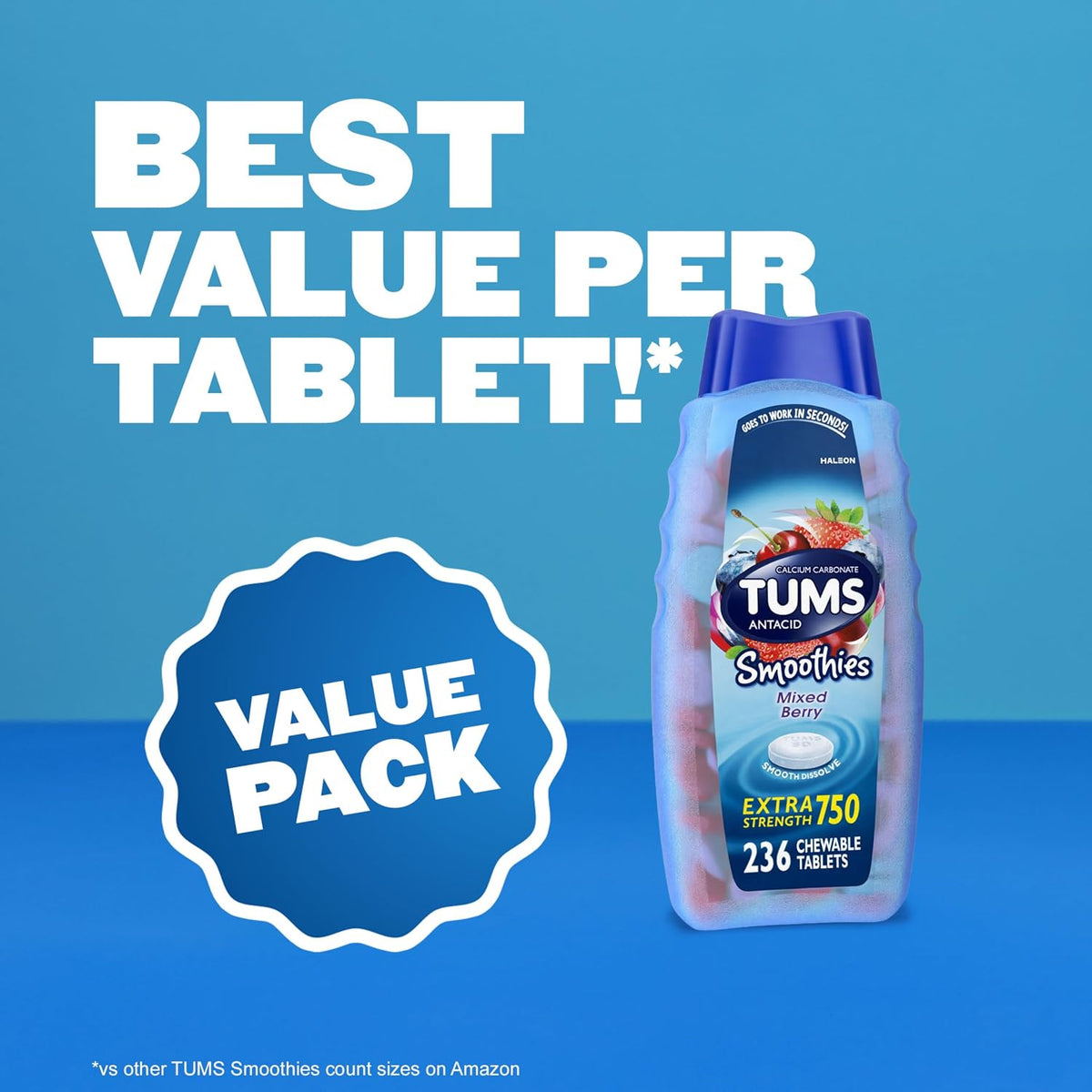 TUMS Smoothies Antacid Tablets, Heartburn Relief, Mixed Berry 236 Count
