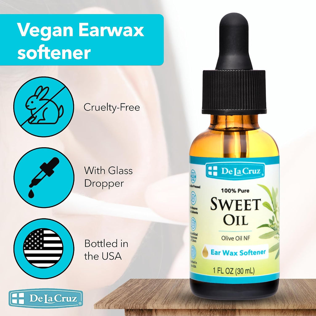 De La Cruz Sweet Oil, Ear Oil, Natural Ear Wax Softener, 1 fl. oz (30 mL) | 100% Pure Olive Oil NF Grade, Earwax Softener, Gentle and Safe Ear Care for the Whole Family, with Dropper, Bottled in USA