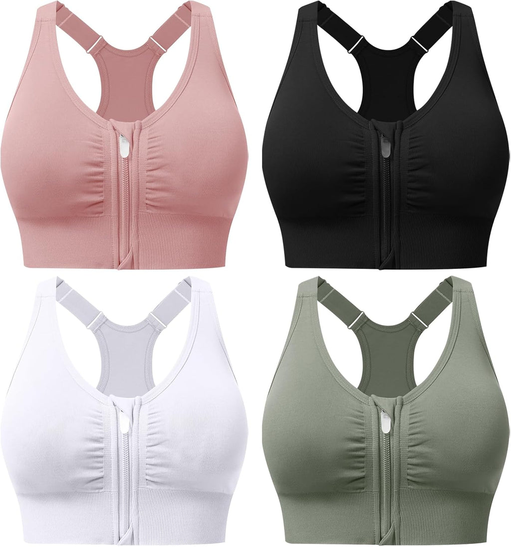 Zip Front Sports Bras for Women Adjustable Racerback Medium Support Bras Padded Post-Surgery Bras Seamless Yoga Athletic Bra