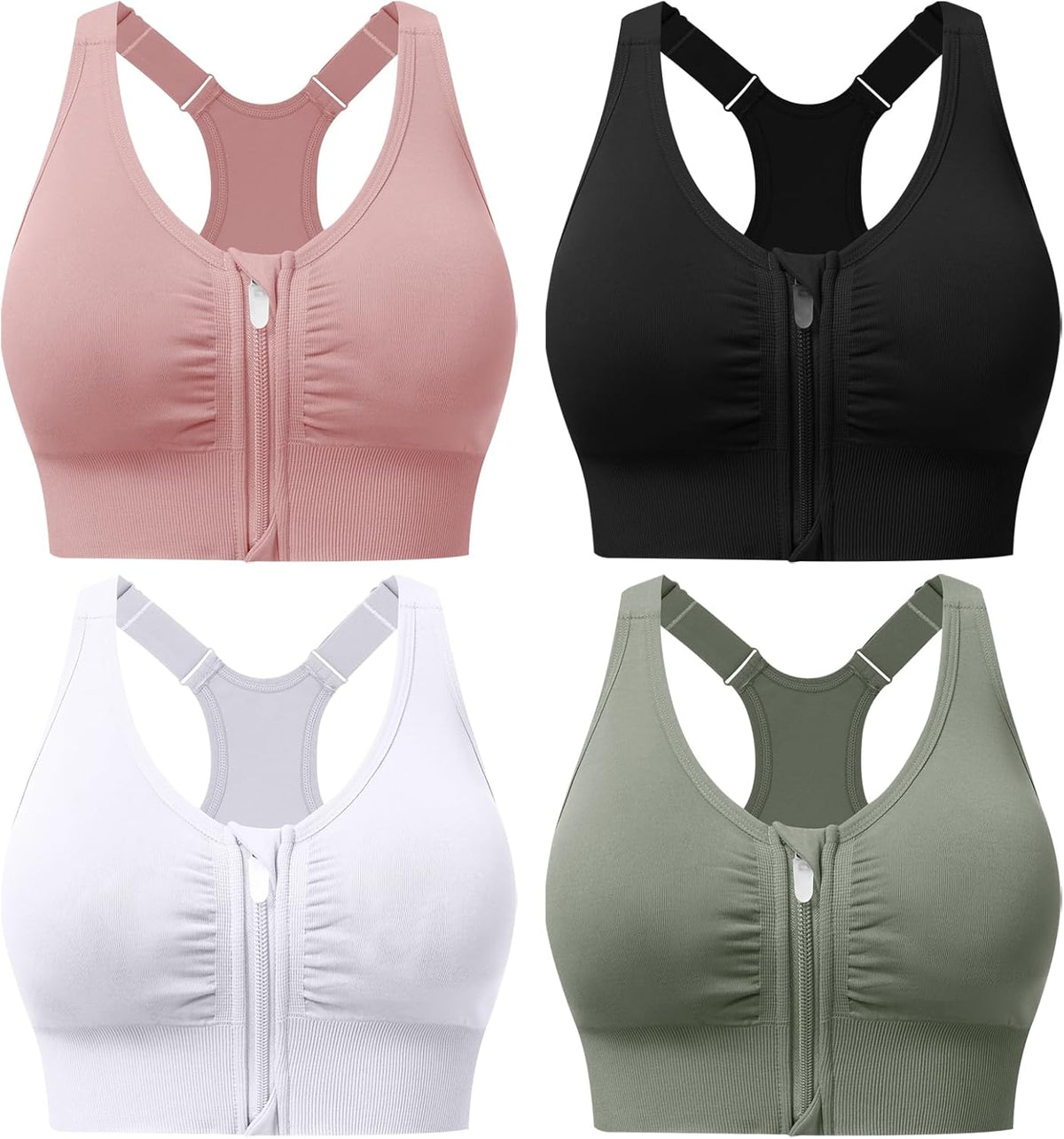 Zip Front Sports Bras for Women Adjustable Racerback Medium Support Bras Padded Post-Surgery Bras Seamless Yoga Athletic Bra